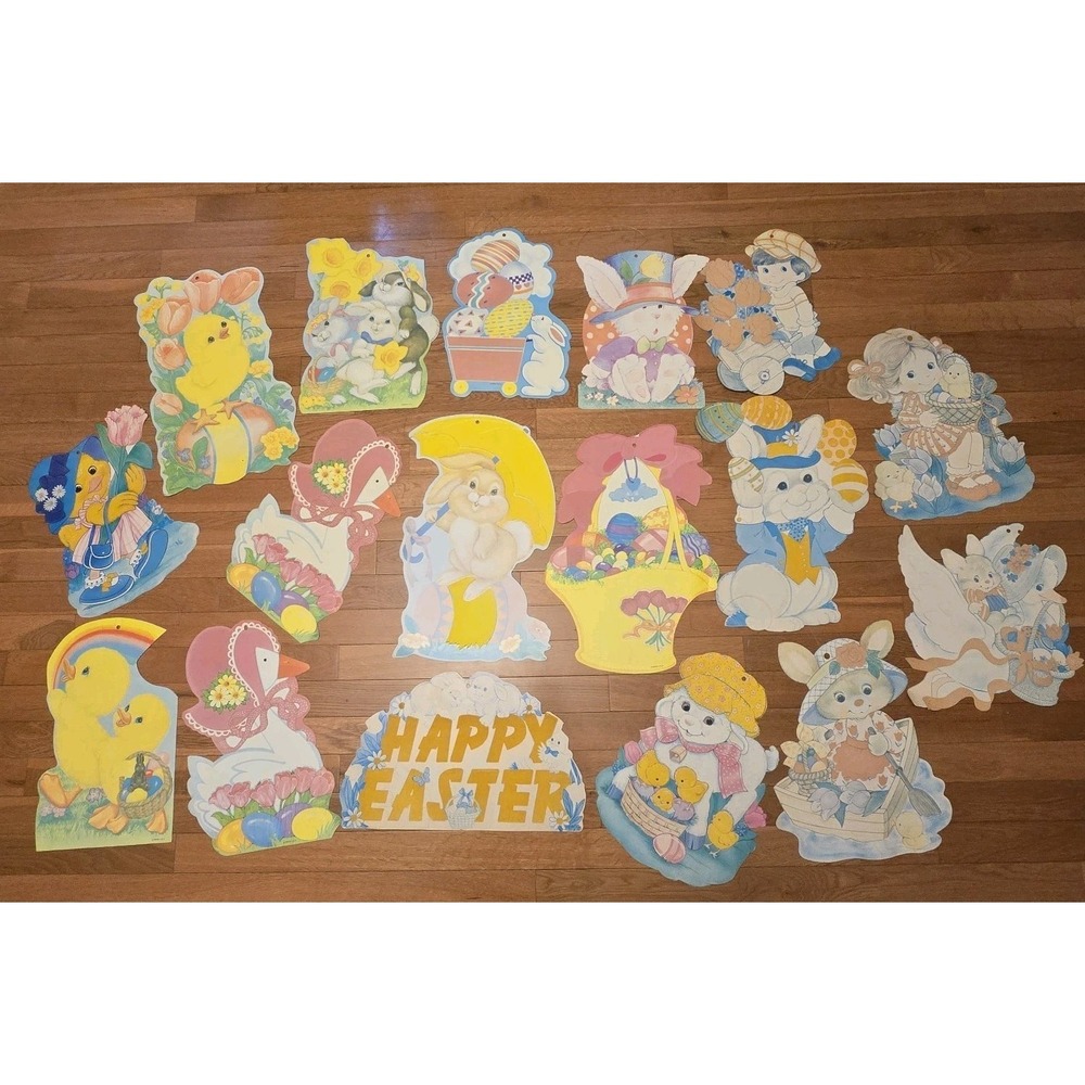 17 VTG Easter Die Cut Decorations Flocked Velour Bunnies Chicks Lot
